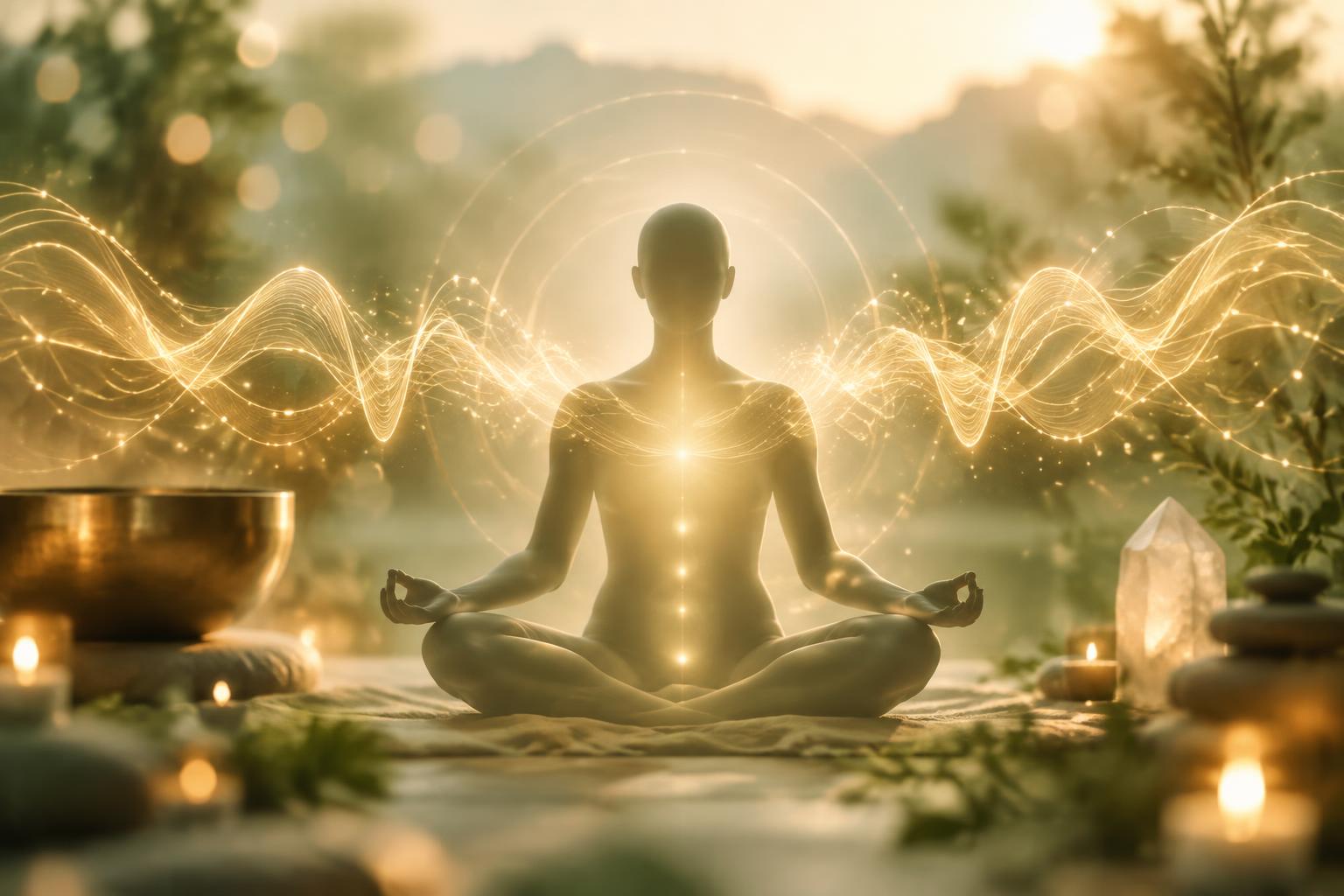 Golden sound waves flowing into a relaxed body, illustrating how sound healing vibrations support rest and recovery