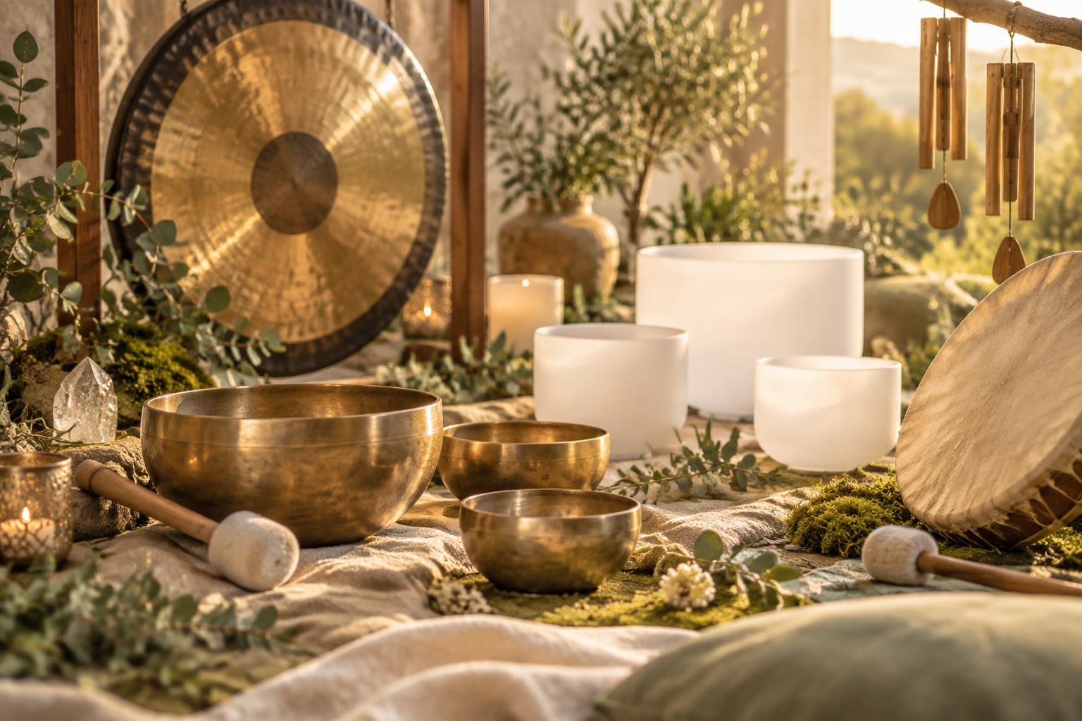 Sound healing instruments including Himalayan singing bowls, gongs, crystal bowls, chimes and drum