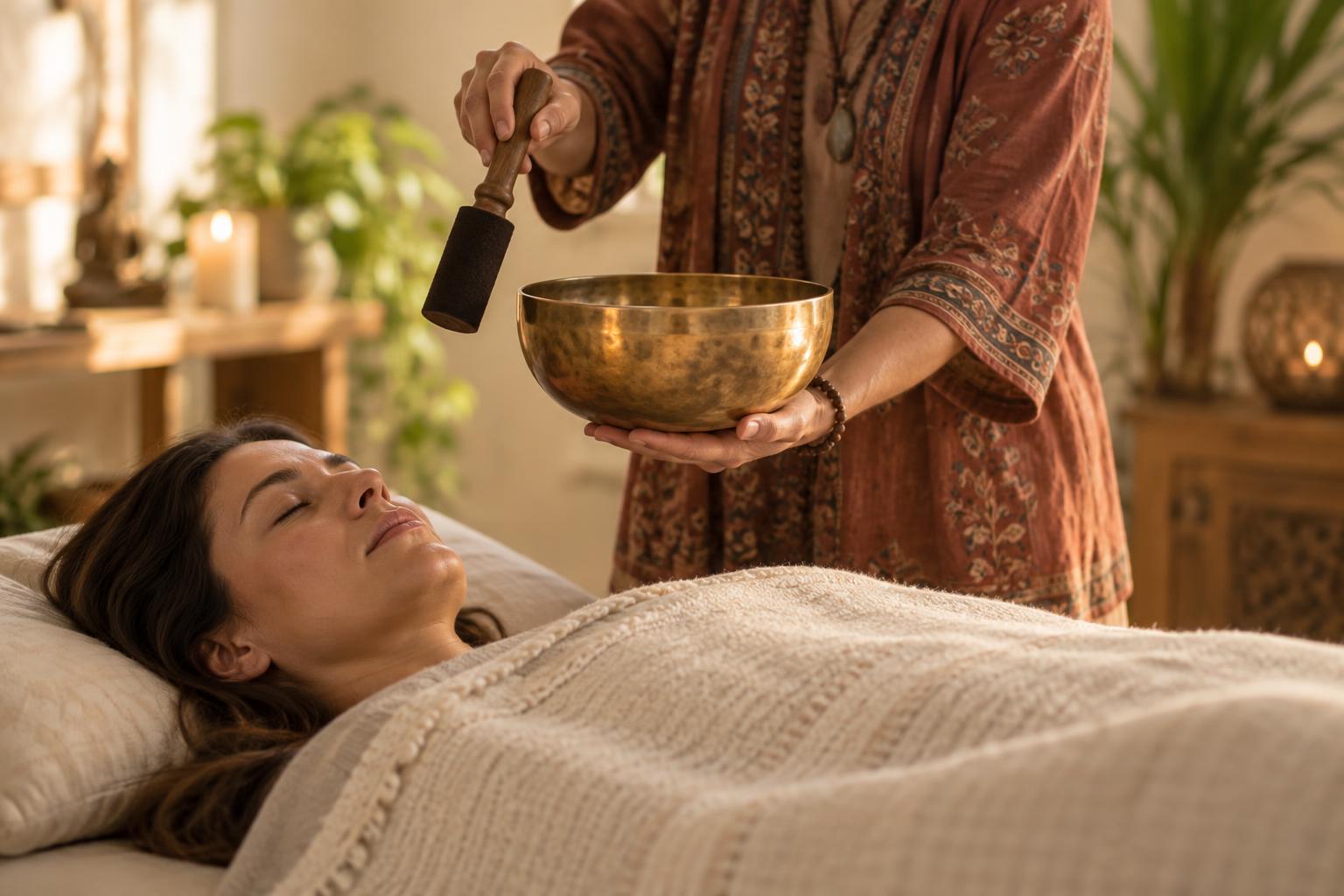 Close-up of a sound therapist's hands holding a Himalayan singing bowl over a client resting on a therapy couch